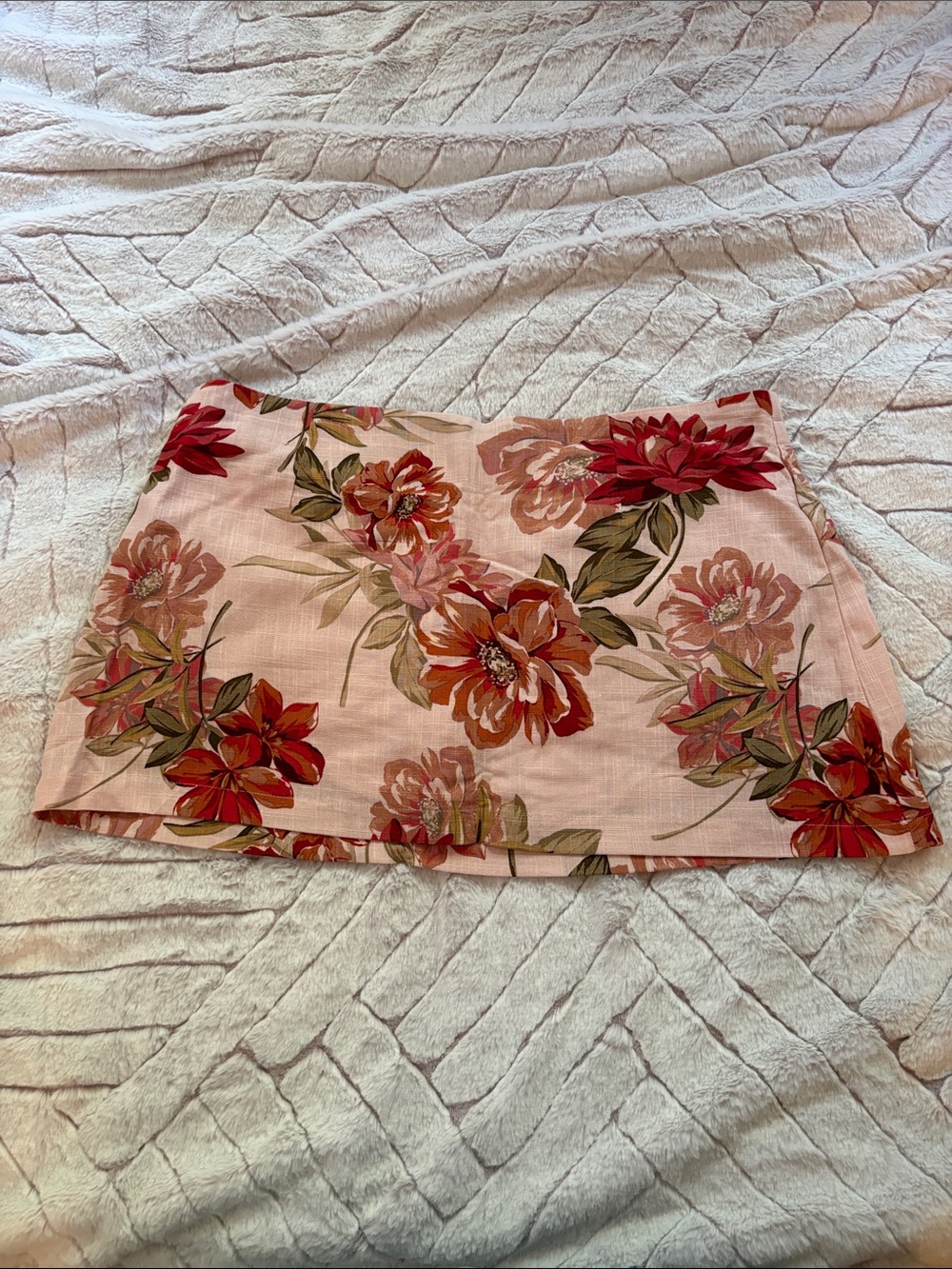 Pink Floral Mini Skirt with Red Bloom Detail